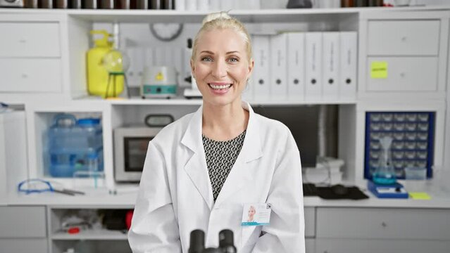 Comical blonde scientist in lab, sporting a crazy fish face and squinty eyes for a silly portrait. confident young woman caught making fun expressions!