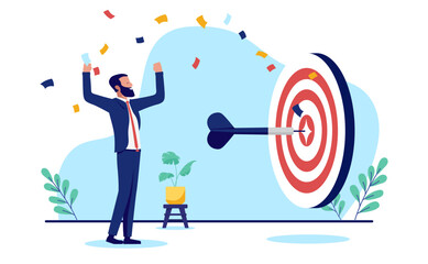Business target achievement - Businessman hitting bullseye and celebrating success and accomplishment with falling confetti. Hitting and reaching goal concept in flat design vector illustration