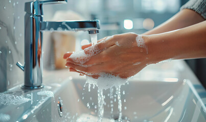 Person washing hands with soap and water in a modern sink for hygiene and health