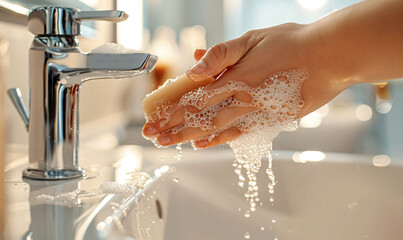 Person washing hands with soap and water in a modern sink for hygiene and health - obrazy, fototapety, plakaty