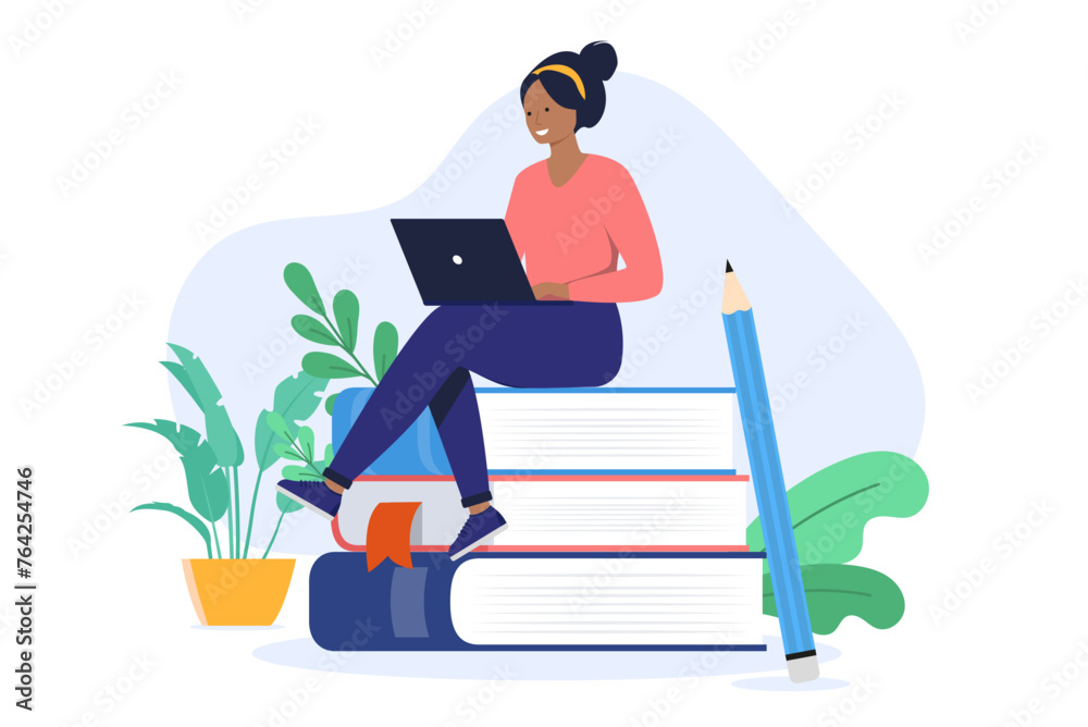 Aufkleber Woman learning and education - Female student sitting on stack of books using laptop computer studying online while smiling and being happy. School work and knowledge concept in flat design vector