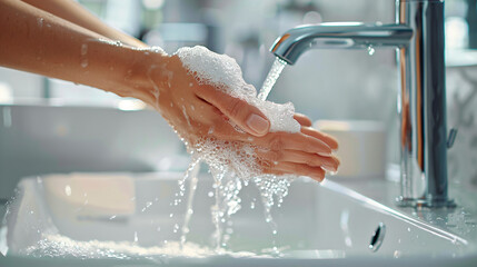 Person washing hands with soap and water in a modern sink for hygiene and health - obrazy, fototapety, plakaty
