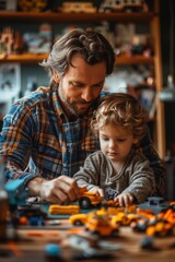 Father and son bond over toy car repairs, sharing skills and creating lasting memories together