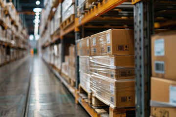 Warehouse with cardboard boxes on shelves background. Logistic commercial storage interior retail goods supply. Storehouse for packages distribution, industrial merchandise, sorting and delivery.