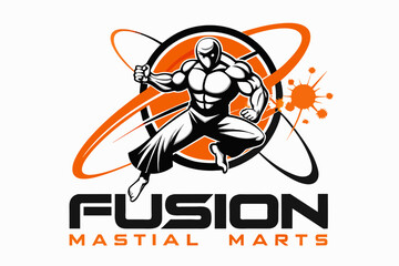  creative and dynamic logo for Fusion Martial Arts, featuring a simple fusion symbol O depicted as an atom with circular electrons orbiting around it, showcasing the blending of elements. The figure i