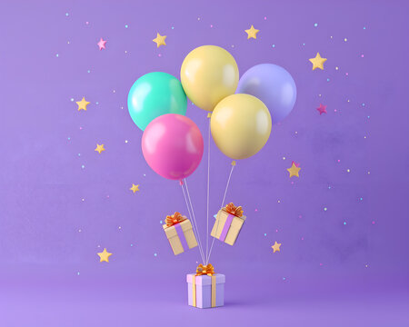 3d rendering of cute balloons with gift boxes flying on purple background with stars