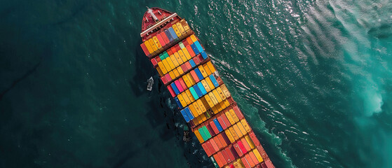Sea delivery shipment maritime cargo ship loaded with containers stack boxes in ocean waters. Logistic shipping transport company, freight business industry, international commercial trade background. - obrazy, fototapety, plakaty