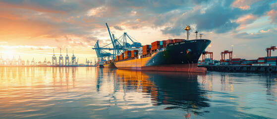 Obraz premium Sea delivery shipment cargo ship loaded with containers stack boxes in port. Logistic shipping transport company, freight business industry, international commercial trade concept background.
