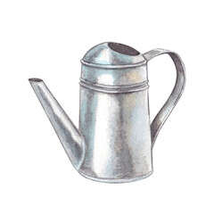 Old watering can. Watercolor hand drawn illustration of a metal watering can for flowers. Clipart on a white background on the theme of garden, flowers, plant care.
