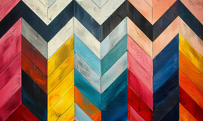 Abstract geometric patterns on wooden panels with vibrant colors