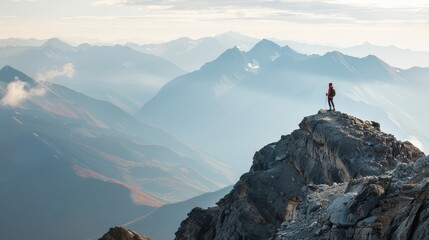 Hiker standing on mountain peak overlooking vast landscape at dusk. Adventure and exploration concept. - obrazy, fototapety, plakaty