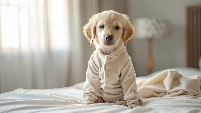 two month old beige golden retriever puppy sitting on the bed, wearing pajamas, emitting a smiley face on an adorable sunny morning.