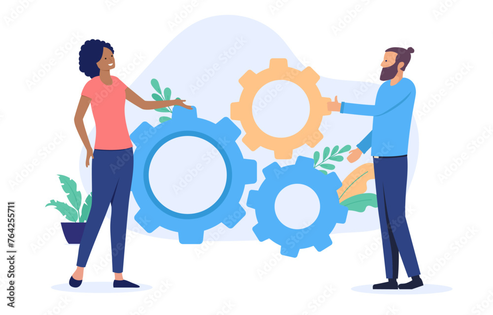 Aufkleber problem solving - two businesspeople with cogwheels and gears machinery working and finding solution