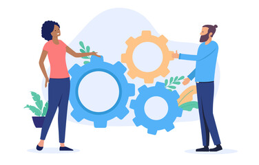 Problem solving - Two businesspeople with cogwheels and gears machinery working and finding solution to business project. Colleague efficiency concept in flat design vector illustration