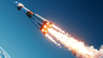 Capture the split-second as a space rocket breaks free from Earth's gravitational pull, with fiery engines propelling it through the clear blue sky.