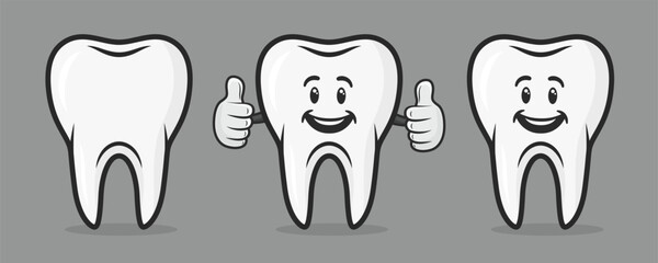 Vector Cute and Friendly Cartoon Tooth Character. Design Template for Promoting Dental Care and Toothpaste. Healthy Oral Hygiene Concept. The Smiling Tooth Character Showing Hand Gesture LIKE