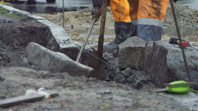 Constructions working road rain repair asphalt transportation street