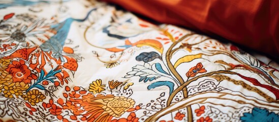 A detailed view of a bed showcasing a vibrant and colorful comforter