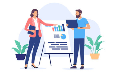 Office people with flip over - Businesswoman and man working and looking at presentation with diagram and charts, discussing business and company result together. Flat design vector illustration