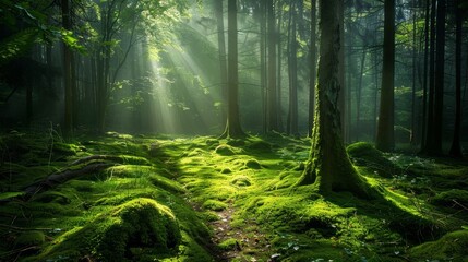 Mossy forest pathway with sunlight and shadows. Tranquil nature landscape