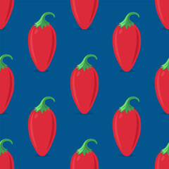 Vector Seamless Pattern with Flat Whole Fresh Hot Chili Pepper on a Blue Background. Spicy Chili Pepper in Front View. Vector Illustration for Culinary, Cooking, and Spicy Food Concept
