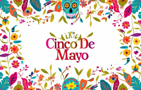 Cinco de Mayo, Mexican holiday banner with text "Cinco De Mayo", colorful and festive design with decorative elements like skulls or flowers Generative AI