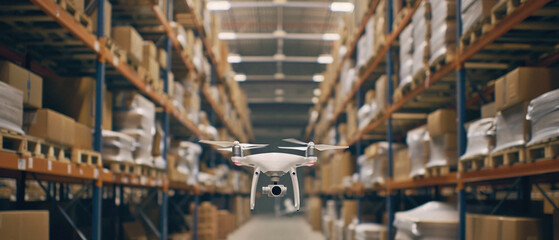Drone flying inside the warehouse storage with boxes on shelves. Smart industry robots, automated logistics management concept. Innovative technology autonomous mechanical shipment background.