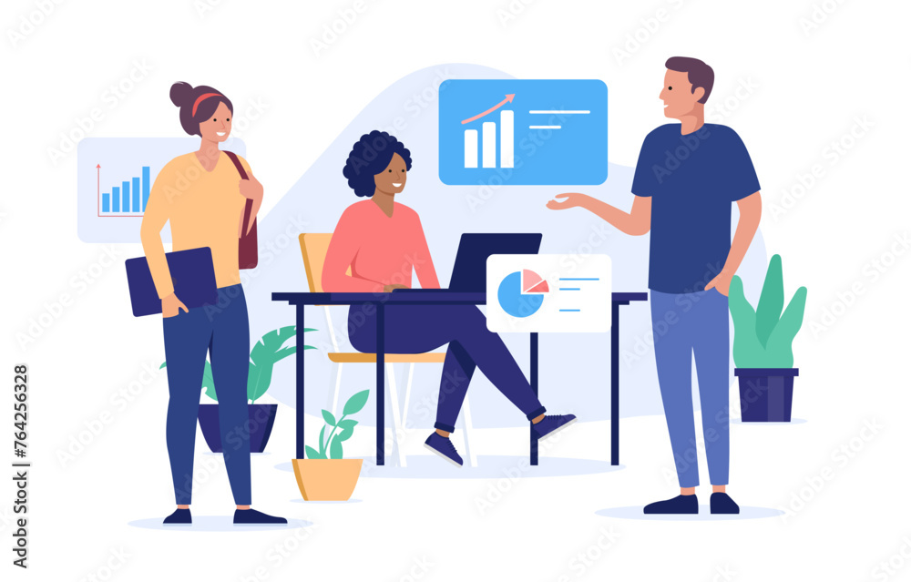 Poster office work businesspeople and charts - team of diverse business people working and discussing data 