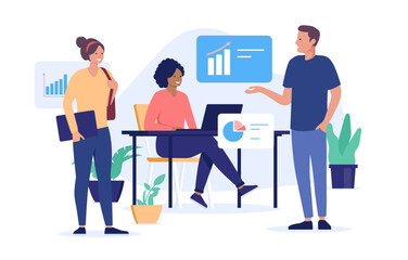 Office work businesspeople and charts - Team of diverse business people working and discussing data together. Abstract corporate vector illustration in flat design with white background