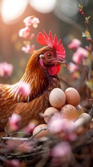 A protective hen nestles comfortably next to her precious eggs as the morning sun bathes the coop. Chicken and her eggs symbolizing life and renewal.