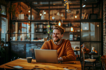 A man enjoys his time at a table with a laptop and coffee, smiling as he works. He exudes positivity and productivity in his business endeavors
