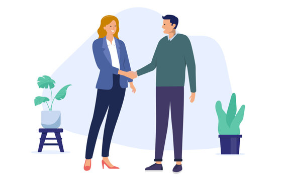 Handshake - Man and woman shaking hands in business office dressed in casual clothes smiling and greeting. Agreement and negotiation concept in flat design vector illustration with white background