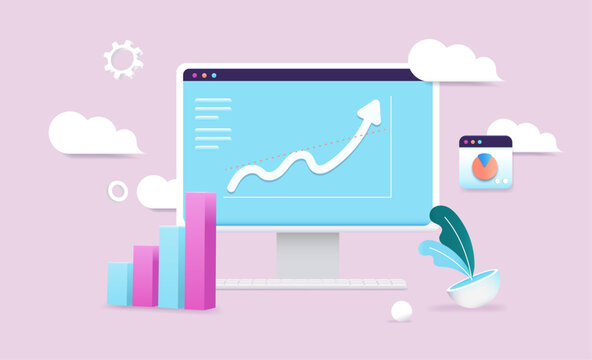 Computer screen with rising arrow - Desktop monitor with chart and graph pointing up in abstract semi 3d flat cartoon design, front view vector illustration