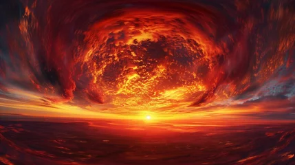 Fotobehang Fiery Skies: Panoramic View of a Sunset Spectacle. Witness the drama and beauty of the setting sun through this panoramic image, where the sky becomes a canvas for the fiery hues of red © Hanzala