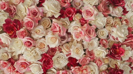 Obraz na płótnie Canvas a wall adorned with pink, white, or red roses in tabletop photography style, featuring layered sizes, pure colors, and a seamless background in light yellow and dark pink hues. SEAMLESS PATTERN