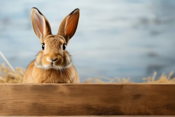 Cute Easter bunny with copy space on wooden background. Concept and idea of happy Easter day.
