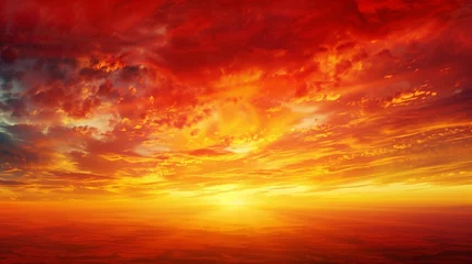 Gordijnen Fiery Skies: Panoramic View of a Sunset Spectacle. Witness the drama and beauty of the setting sun through this panoramic image, where the sky becomes a canvas for the fiery hues of red © Hanzala