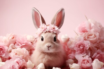 Cute Easter bunny with copy space on pink background. Concept and idea of happy Easter day.