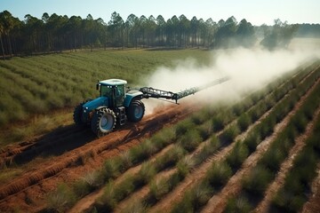 Aerial view of a Tractor fertilizing a cultivated agricultural field. Taking care of the Crop.