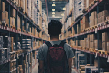 Fototapeta premium Male warehouse worker working in logistic commercial storage interior retail goods boxes supply. Man storehouse employee manager at work, distribution, industrial sorting and delivery.