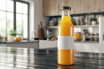 A sleek bottle of orange juice stands out on the counter of a modern kitchen, showcasing a healthy lifestyle with a stylish backdrop