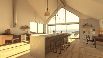 a Scandinavian-style home featuring a bar area adjacent to the kitchen, boasting a vaulted ceiling and a wall of windows, with the bar countertop elegantly running below the windows.