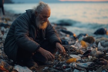 A man collects garbage from the coast on the beach. Ecology concept. The problem of ocean pollution