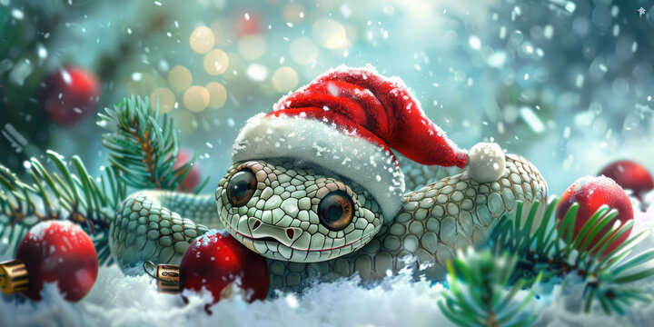 Christmas snake wearing a santa hat on a snowy background. 2025 is the year of the snake. Christmas banner. Happy New Year and Merry Christmas