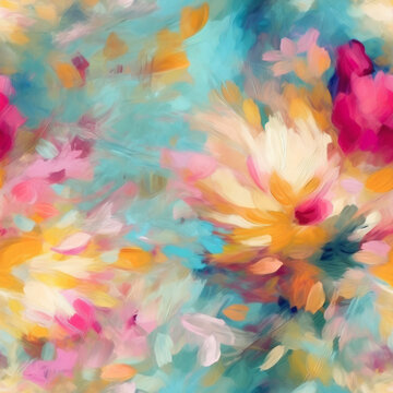 Abstract floral impressionist painting in hues. Seamless file.