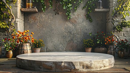 Classic Limestone Podium, front view focus, with a Historic Oktoberfest Celebration Background, ideal for brewery and beer related product displays.