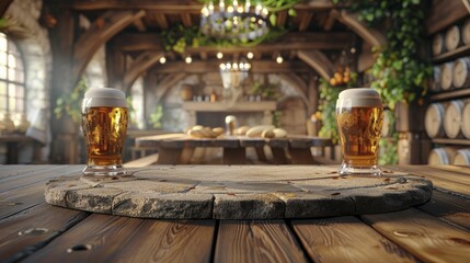 Featuring a Classic Limestone Podium in the foreground against a backdrop of a Historic Oktoberfest Celebration, perfect for beer product showcases.