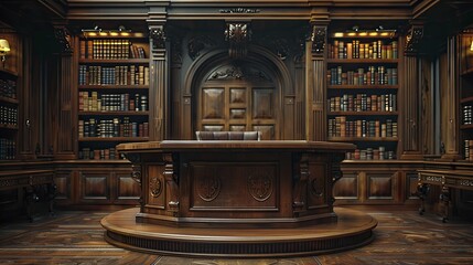 Classic Mahogany Wood Podium, front view focus, with an Antique Library Background, ideal for distinguished book launches. - obrazy, fototapety, plakaty