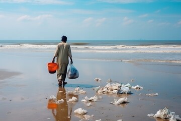 A man collects garbage from the coast on the beach. Ecology concept. The problem of ocean pollution