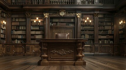 Enhance your book launch with a Classic Mahogany Wood Podium against an Antique Library Background for added distinction. - obrazy, fototapety, plakaty